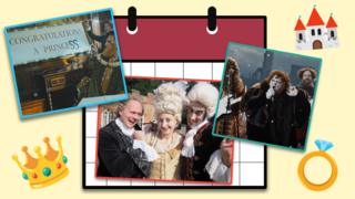 Calendar on a yellow background with images in colourful borders from Horrible Histories, with royal emojis