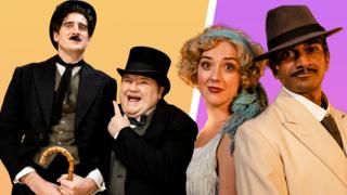 Characters from Horrible Histories dressed as 1920s characters against a gold and pink background