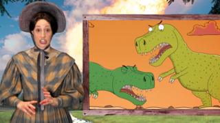 Mary Anning next to a picture of some dinosaur