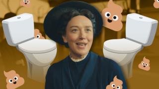 A nanny is surrounded by cartoon toilets and poos