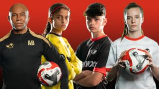 Image of football coaches and players from Hawk United lined up against a black and red background.