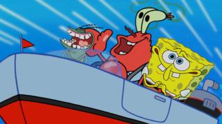 SpongeBob, Mr Krabs and Plankton are driving fast in a boat