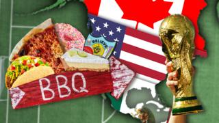 A map of North America with the World Cup trophy and various American food items including pizza and tacos.