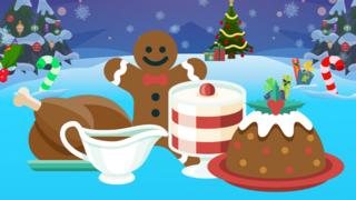 Illustrated turkey, gravy boat, gingerbread man, trifle and christmas pudding on a snowy background.