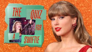 Taylor Swift, she has blonde hair and red lipstick, she is on a glittery orange background and an image next to her says "The Quiz for a Swiftie".