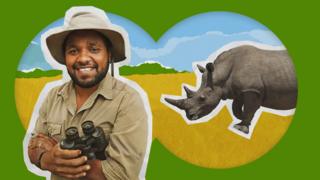 Hamza the ranger wears a safari khaki shirt, with his hands folded and holding a pair of binoculars. Behind him, a graphic shows the view from the binoculars and a graphic rhino in long grass.