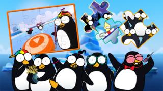 The Piripenguins, cartoon penguins living on an iceberg, there is a jigsaw puzzle in the background.