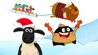 Shaun the Sheep wearing a santa hat, Supertato jumping oiut of a pile of snow and Hey Duggee pulling the Squirrels in a sledge