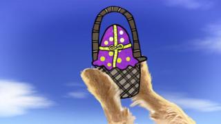 Salty from Old Jack's Boat catching a colourful basket in her paws.