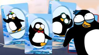 Cartoon penguins and some snap cards.