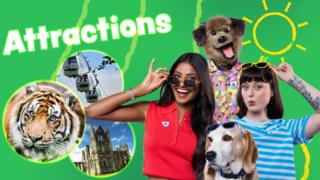 Blue Peter presenters wearing sunglasses on a bright summery background. You can find lots of UK attractions to visit for discounted entry with your Blue Peter badge.