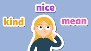 A girl thinks, with the words 'kind', 'nice' and 'mean' above her