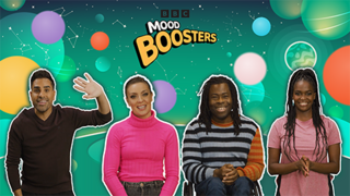 BBC Moodboosters presenters on colourful background with graphical planets and stars.