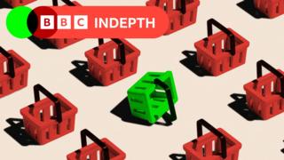 A conceptual visualisation of a grid pattern of red shopping baskets, with one noticeably tilted in bright green