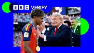 President Trump with his hand on Spain footballer Lamine Yamal's shoulder after presenting him with a World Cup winner medal.