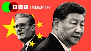A treated image of close up shots of Keir Starmer and Xi Jinping