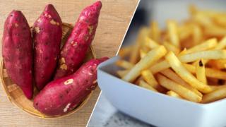 Fresh sweet potatoes in a basket alongside French Fries in a white bowl