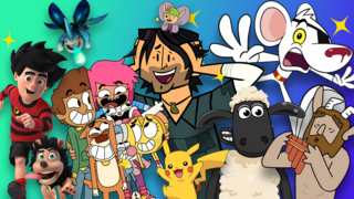 a busy Non-Stop Cartoons picture with lots of cartoon characters pulling different excitable poses. Against a gradient plain background going from green into purple.