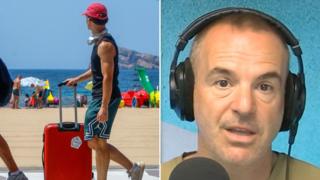 Composite of a young man pushing a suitcase past a beach, and Martin Lewis wearing headphones in a recording studio