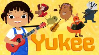 Yukee and friends with logo.
