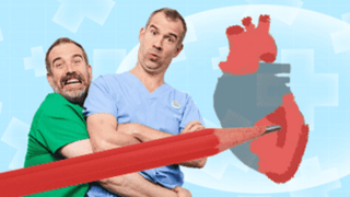 The doctors next to a drawing of a heart
