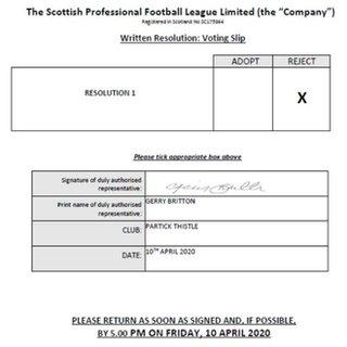 Partick Thistle's voting slip, signed by chief executive Gerry Britton