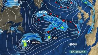 BBC Weather synoptic chart showing the progress of hurricanes Lee & Maria across the Atlantic