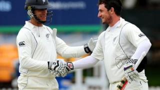 Ross Taylor congratulates Hamish Rutherford on his century