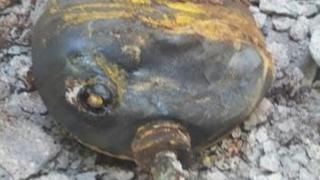 Remnant of yellow gas cylinder that struck a make-shift hospital in al-Latamina on 25 March 2017, according to a Syria Civil Defence member