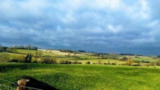 Blue cloudy sky over a green field