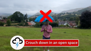 Simon King holding an open umbrella with a cross drawn through it and a graphic saying 'Crouch down in an open space'.