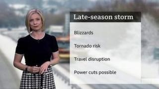 Sarah Keith-Lucas standing in front of a snowy picture highlighting the key risks for the late season storm