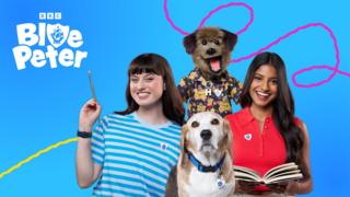 Blue Peter presenters and Henry the dog. From left to right, Abby, Hacker (A puppet dog), Shini and Henry a beagle-bassethound real dog.