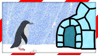 A penguin looking at an igloo