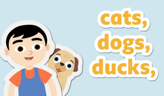 A boy and a dog next to a list of animals divided by commas.