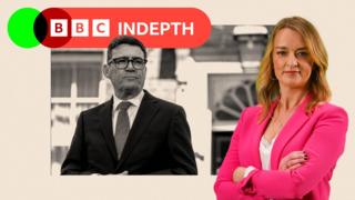 A black and white image of Andy Burnham with No.10 behind. To the right is Laura Kuenssberg in a pink blazer with her arms crossed. There is also a lozenge which says BBC InDepth