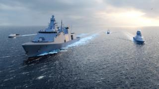 A concept image of a large traditional looking warship surrounded by smaller drone ships