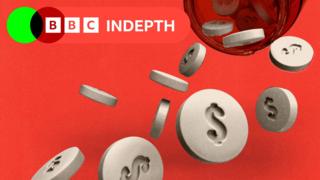 White pills on a red background. The pills have the dollar sign on them and are being poured out of a container at the top of the picture. The BBC InDepth branding is in the top left hand side of the picture