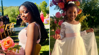 A composite image shows Natalie and Nala smiling during an outdoor wedding