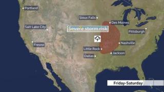 Weather map showing severe storm risk across parts of Tornado Alley