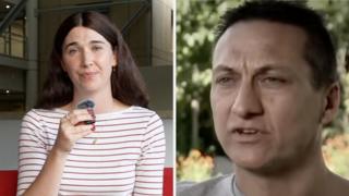 A composite of a journalist holding a small microphone dressed in a white and red striped top, with a man speaking to camera on the right.