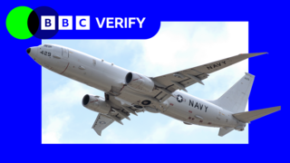 A P-8 Poseidon in flight, with the BBC Verify logo superimposed next to it