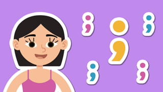 A girl smiling next to semi-colons