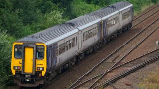 A generic image of a train on a rail track lined by green bushes.