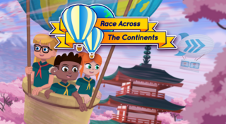 Illustration of three children in a hot air balloon near a Japanese temple and pink blossom trees, with title: Race Across the Continents.