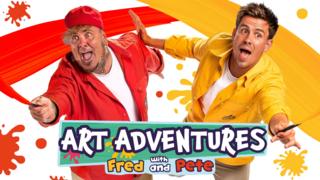 Fred and Pete with paint brushes and logo for Art Adventures.