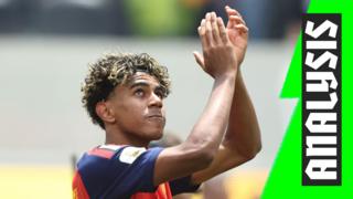 Lamine Yamal claps and smiles at the crowd after Spain beat Belgium in the 2026 World Cup.