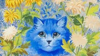 Louis Wain's painting of a bright blue cat, its head poking through yellow flowers with green leafy stems.