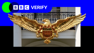 A composite image showing the BBC Verify logo next to an AI-generated image of a golden eagle with it's wing's spears across the front of the Truman balcony at the White House