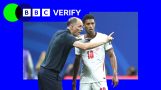 England manager Thomas Tuchel speaks to Jude Bellingham during a World Cup match against Argentina. There is blue and green BBC Verify branding on the top left.
